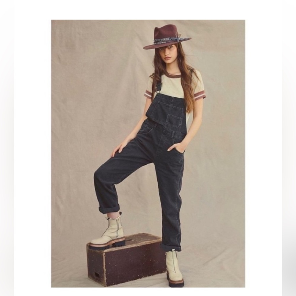 Free People Black Relaxed Fit Denim Overalls